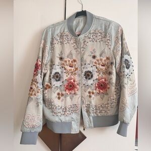 Embellished light blue bomber jacket with flower print and pockets